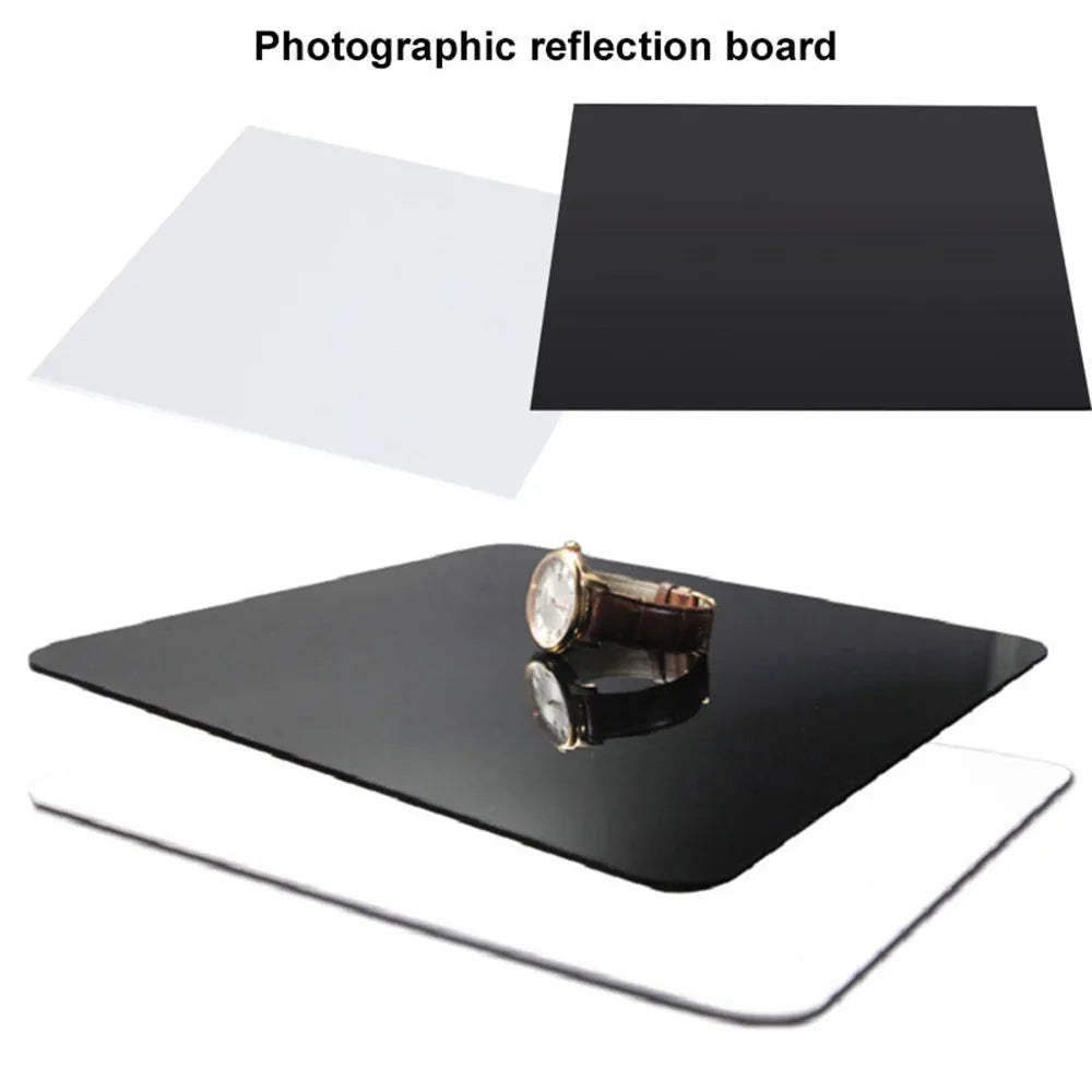 Square black and white acrylic reflection board for tabletop photography.