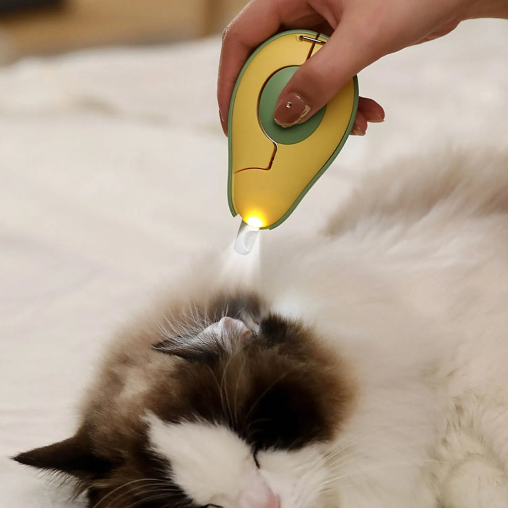 Pet nail clipper with LED light showing green handle and stainless steel blades for small dogs and cats