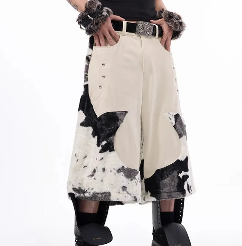 Women's milk fibre cropped trousers with fur detailing in checkered, striped or printed patterns