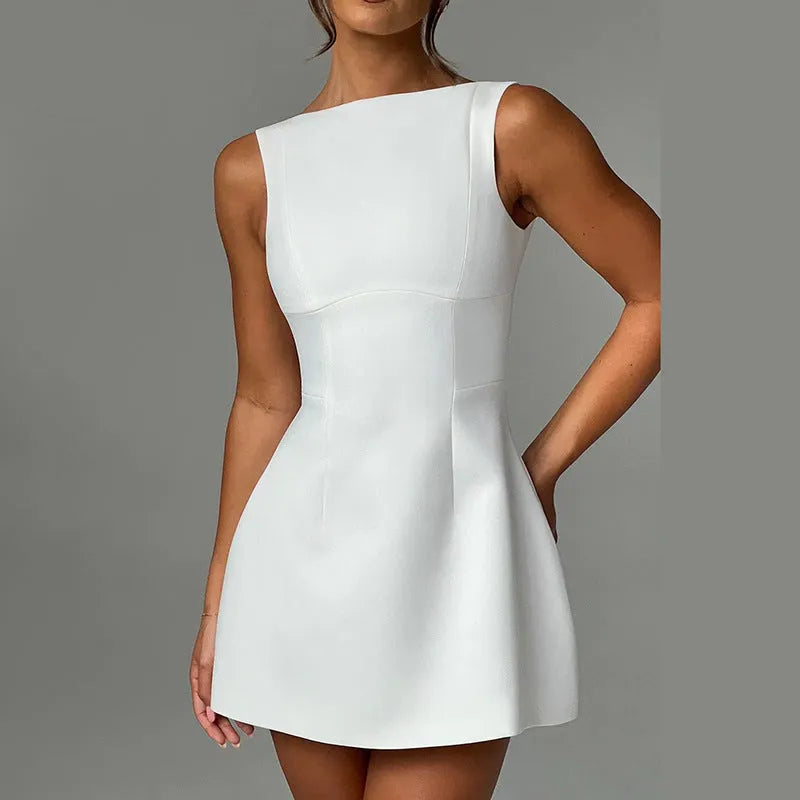 Slim-fitting backless sleeveless summer dress with high waist and short skirt