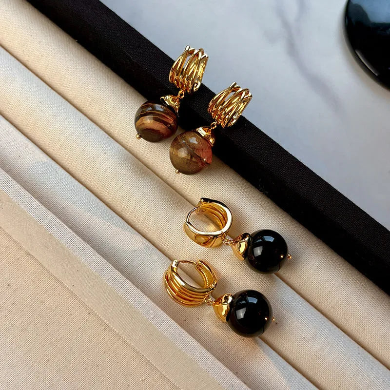 Tigereye stone geometry earrings with gold plating in brown and black French retro style