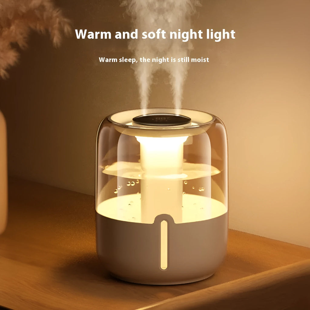 Beige round USB humidifier with dual spray nozzles, humidity display, and night light on wooden surface