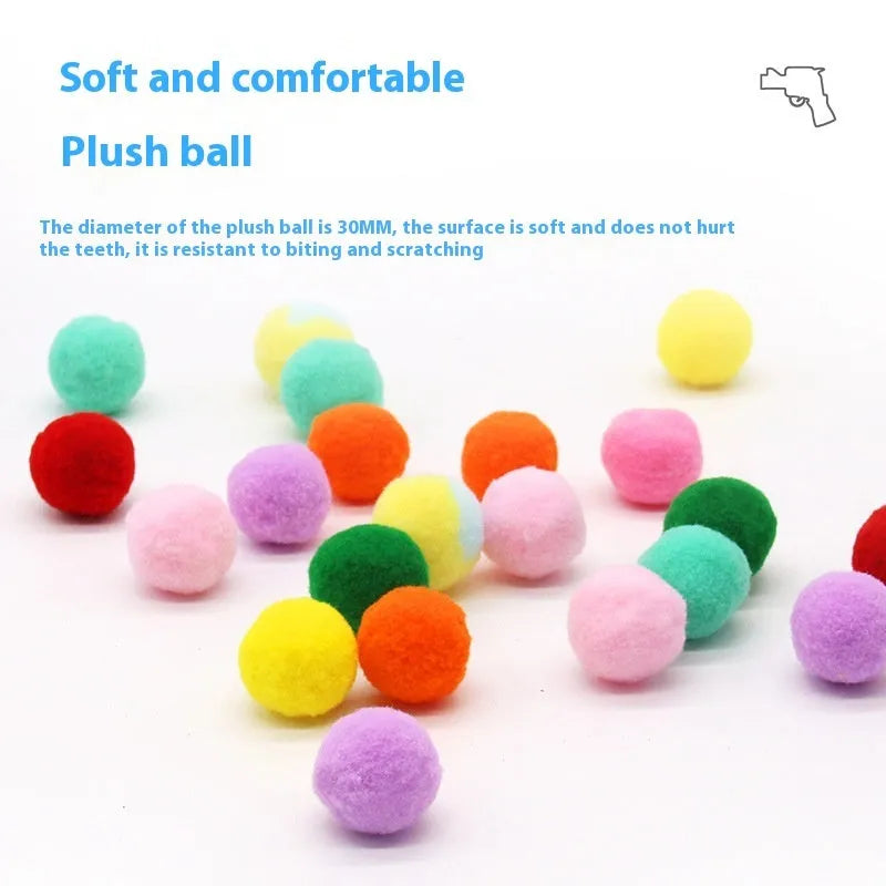 Plush ball launcher pet toy with 30cm shooting gun and multiple 3cm yarn balls