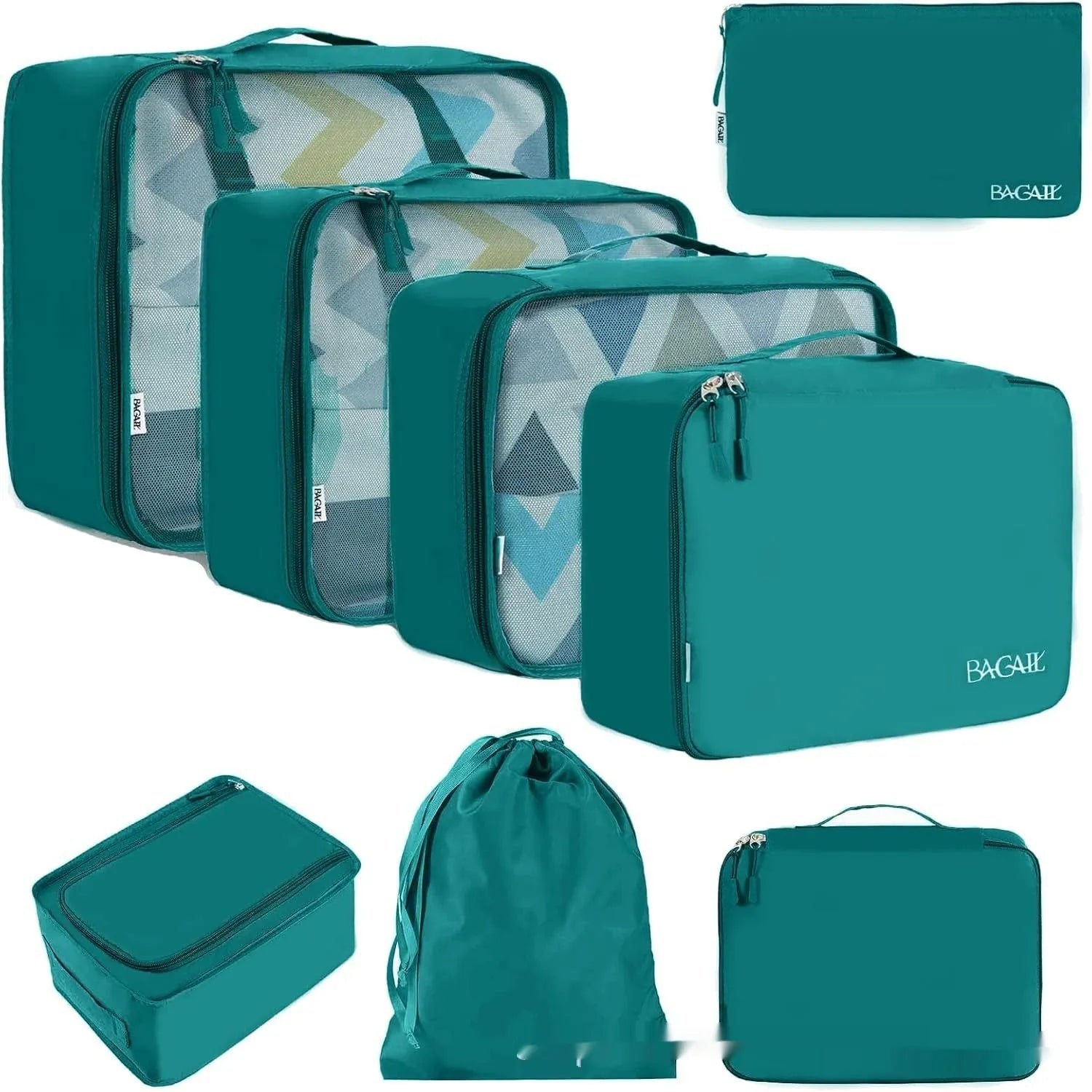 Cubic eight-piece travel packing set showing compression bags in various colours including beige, black, and pink leopard print