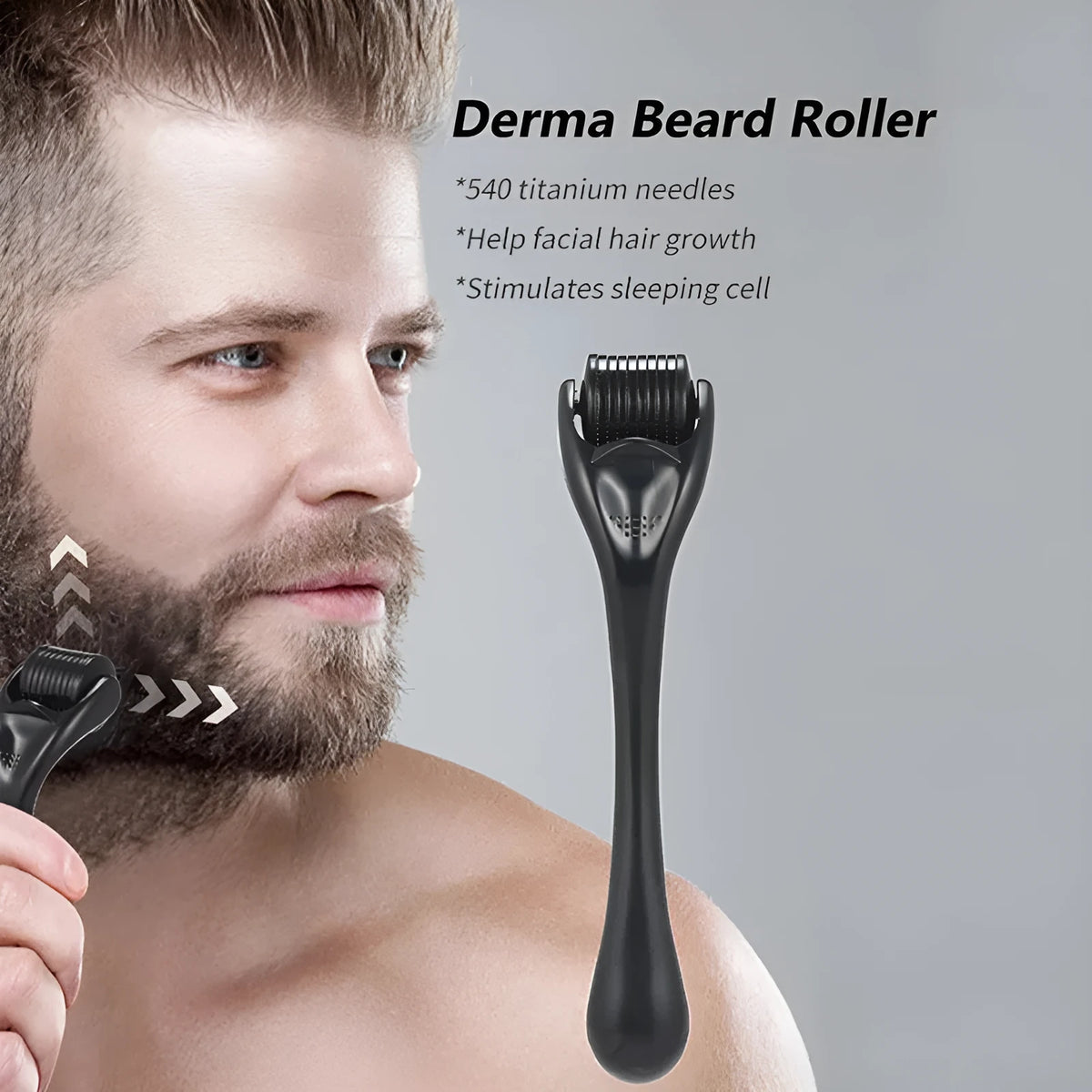 Black and purple derma rollers with titanium microneedles, showing size labels from 0.2mm to 1.0mm.
