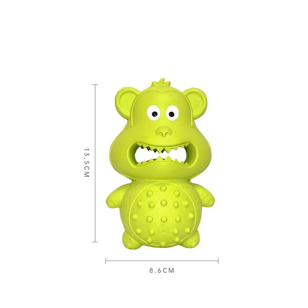 Green and yellow natural rubber squeaky dog toy with thick textured surface for aggressive chewers