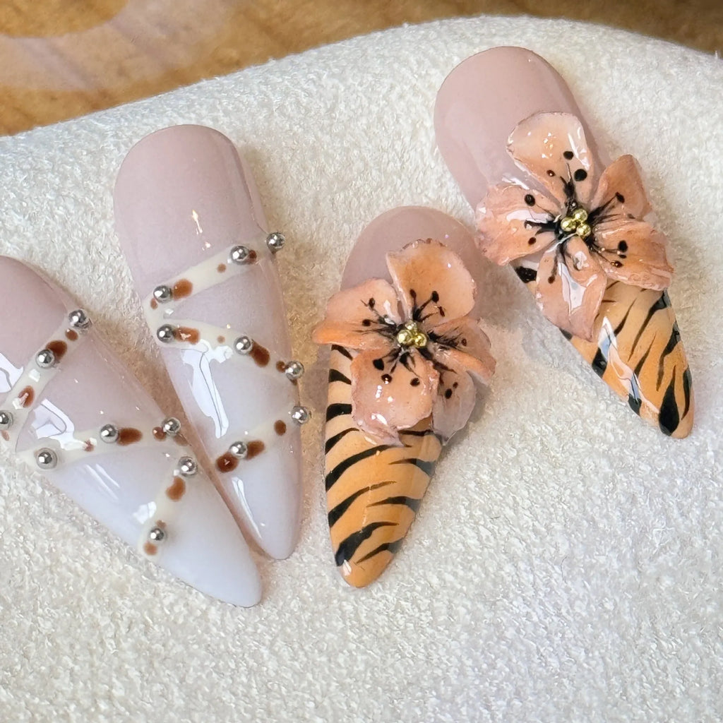 Leopard print nail stickers with floral and cross designs in XS S M L sizing options
