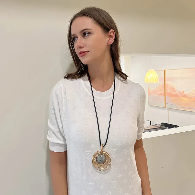 Women's geometric plaid pendant necklace on snakeskin wax rope chain in gold colour