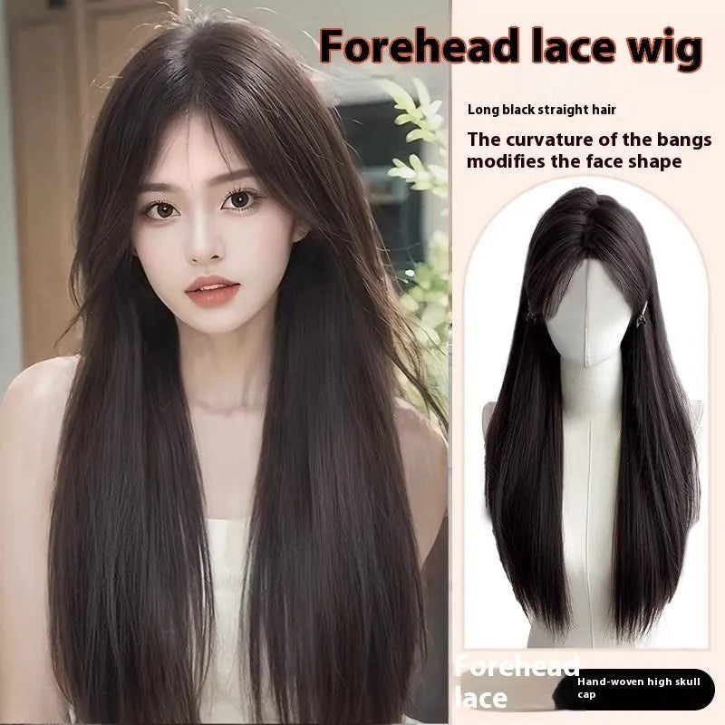 Long straight synthetic wig with forehead lace front and side bangs in dark brown colour.