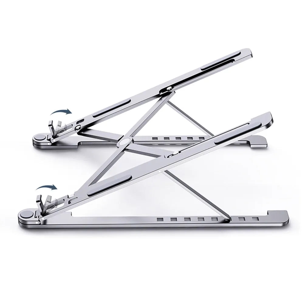 Aluminium laptop stand showing adjustable height mechanism and foldable design
