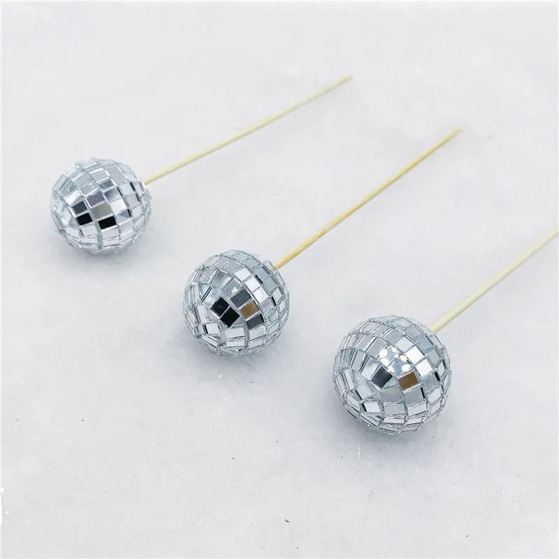 Glass disco ball cake decoration with wooden stick in various sizes for birthday cakes