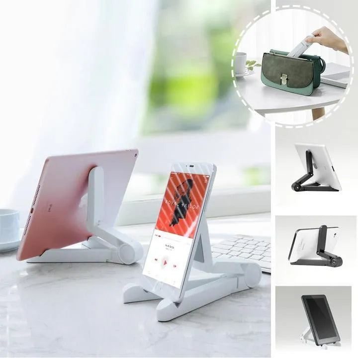 Black foldable aluminium tablet holder showing adjustable angles and flat-folded profile