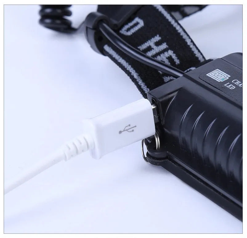 LED head torch with headband, showing focused beam and waterproof housing for outdoor use.