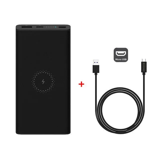 Black and white 10000mAh power bank with USB Type-C port and wireless charging capability