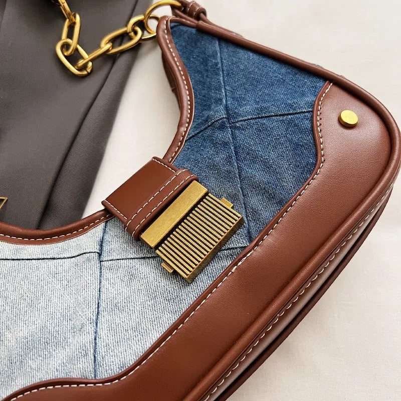 Brown denim women's shoulder bag with diamond mesh panel and chain strap detailing