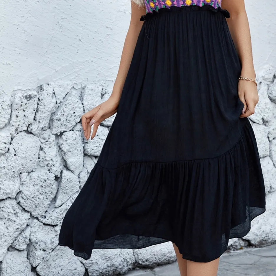 Purple sleeveless dress with hand-hooked flower stitch embroidery on cotton blend fabric