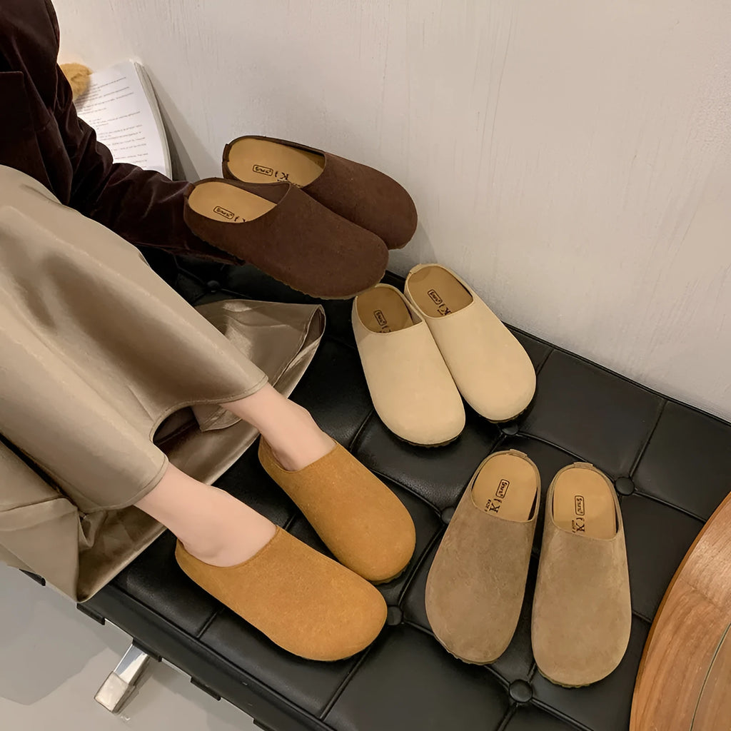 Korean-style soft flat slip-on slippers in apricot colour with square-toe design.