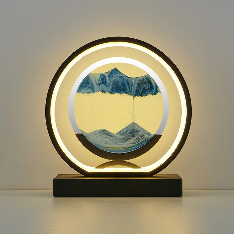 Hourglass sand painting table lamp with wrought iron and PMMA body, 240mm diameter, 250mm height, black or white finish