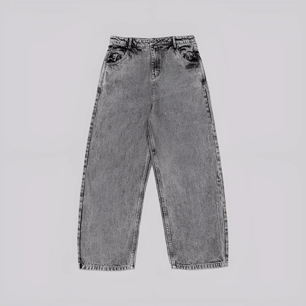 Grey loose fit straight-leg denim trousers for men and women on a mid-waist