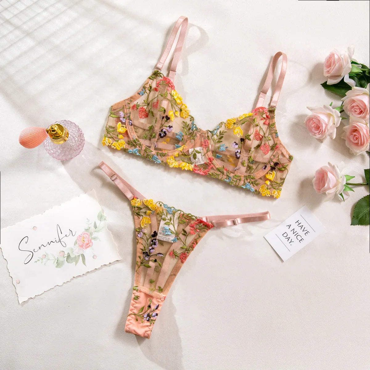 Floral mesh bra set with steel ring T-back design in multiple colours