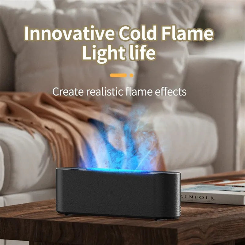 Black ultrasonic aroma diffuser with LED flame light effect emitting cool mist