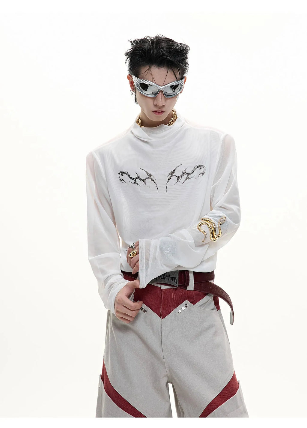 Black and white niche mesh ice-feeling slim bottoming shirt with long sleeves in sizes S to XL