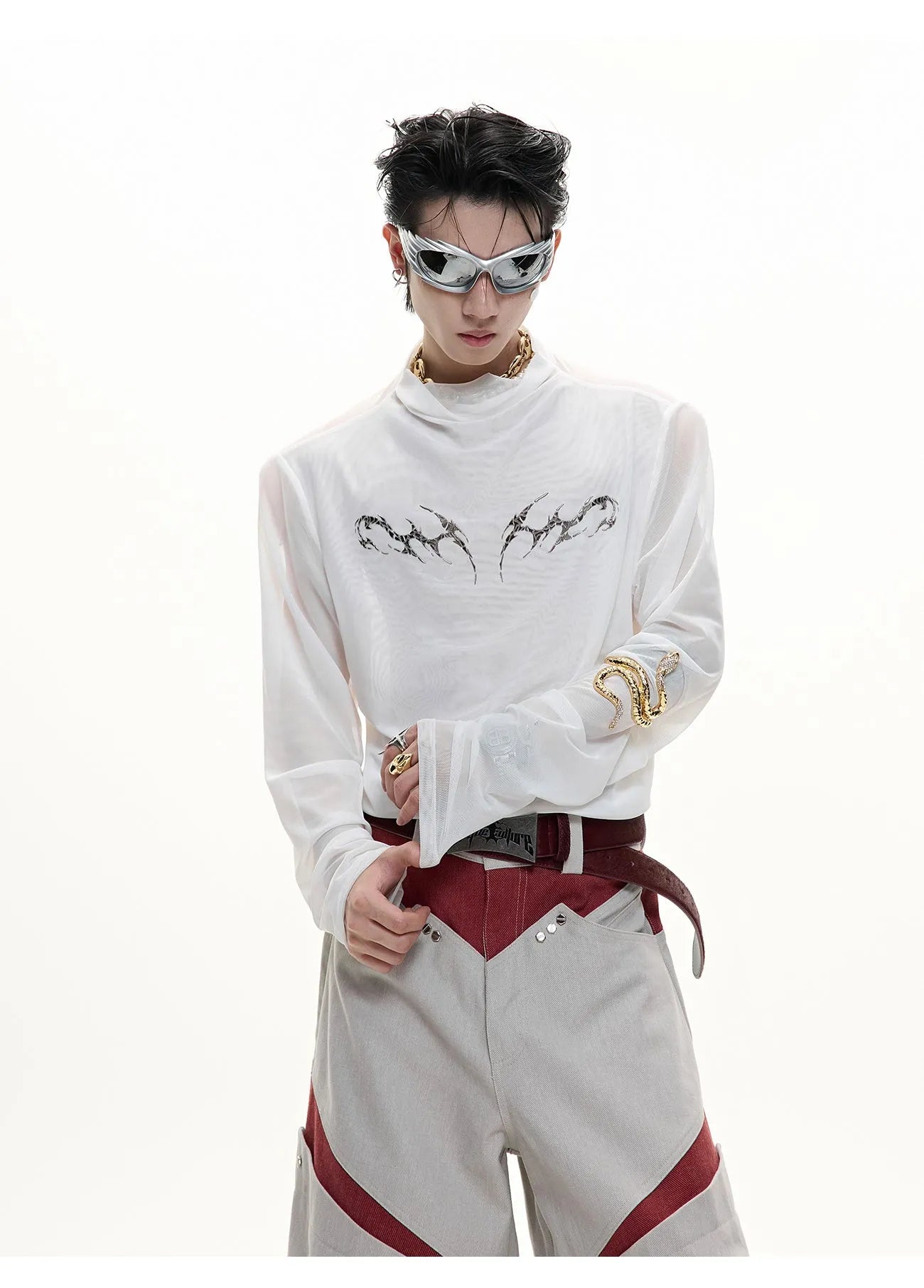 Black and white niche mesh ice-feeling slim bottoming shirt with long sleeves in sizes S to XL
