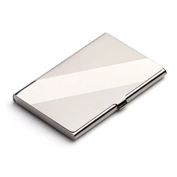 304 stainless steel business card case with laser sculpture geometry, mirror strip, and brush finish measuring 92.5mm