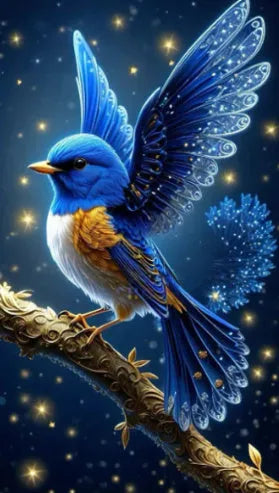 Handmade diamond painting kit showing Blue Bird design on 60x100cm canvas with acrylic rhinestones