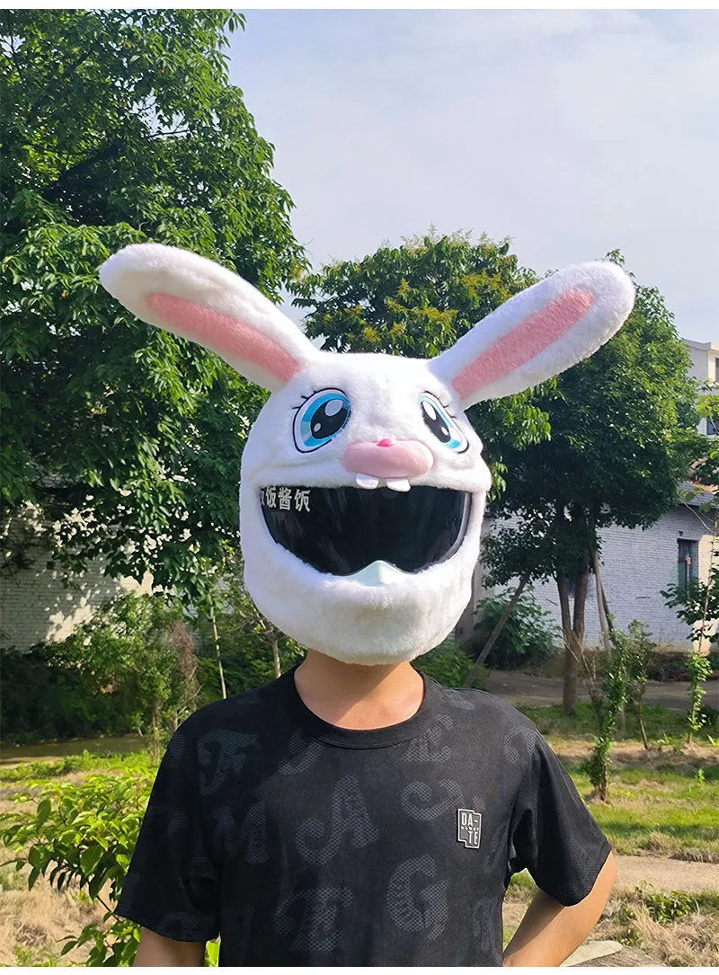 White rabbit head plush cover for motorcycle helmet with long ears