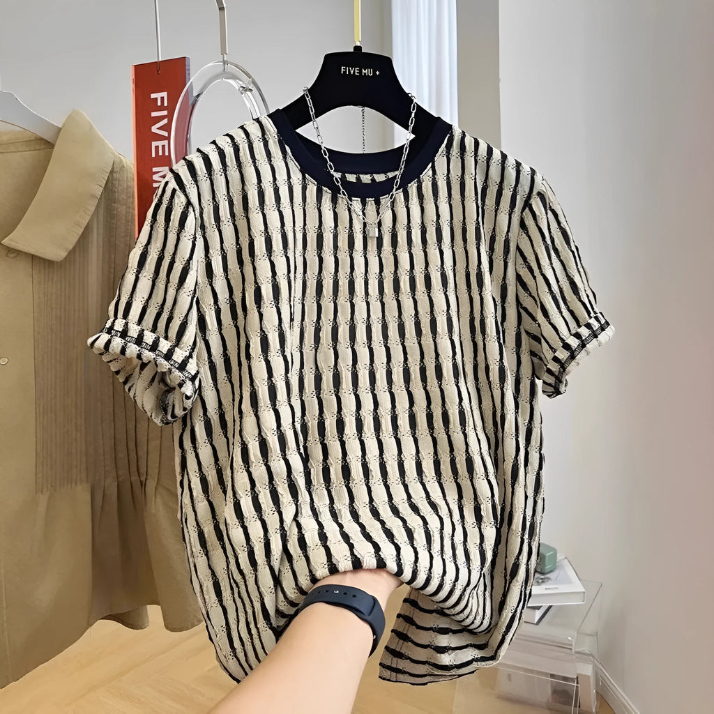 Men's black striped casual shirt with loose fit and short sleeves in silk linen blend fabric