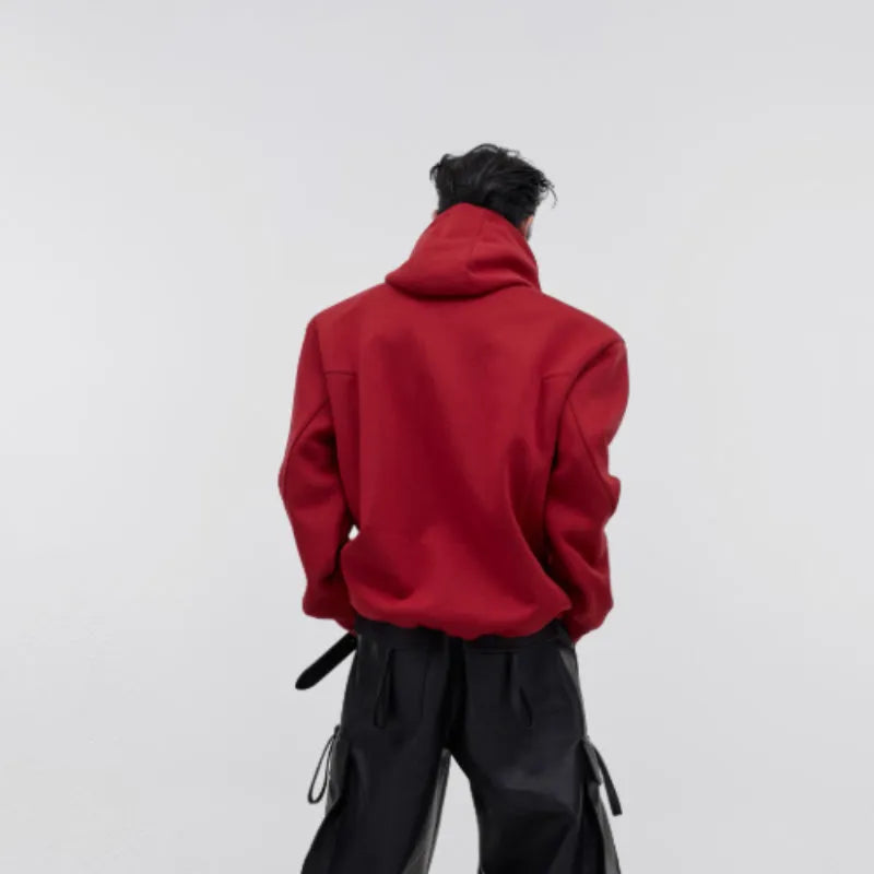 Men's loose hooded sweater with metal three-dimensional printing design in red colour