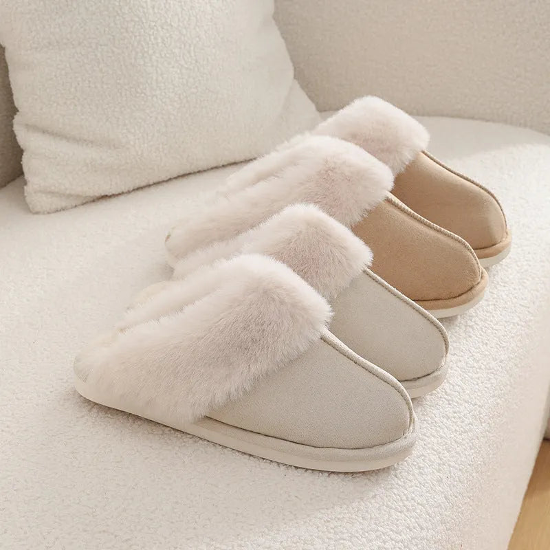 Pair of plush-lined indoor slippers with a flat PVC anti-slip sole, shown in a choice of colours.