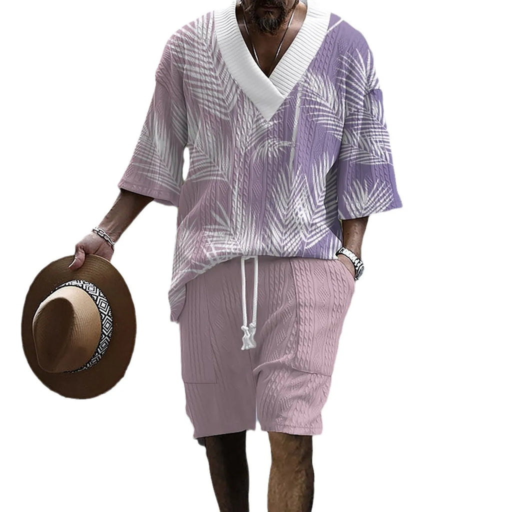Men's printed drop-shoulder knitted short sleeve top and shorts suit set in chemical fibre blend