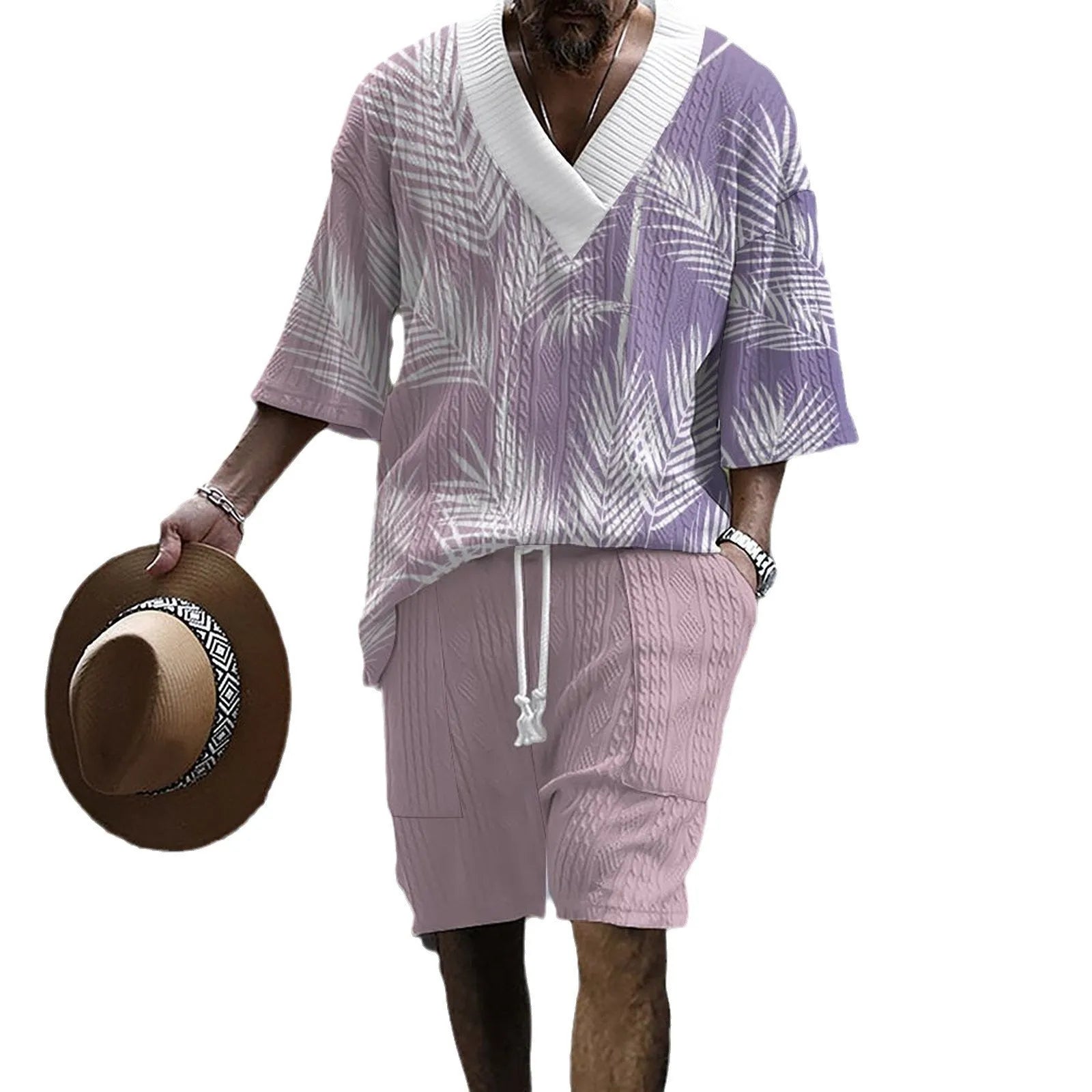 Men's printed drop-shoulder knitted short sleeve top and shorts suit set in chemical fibre blend