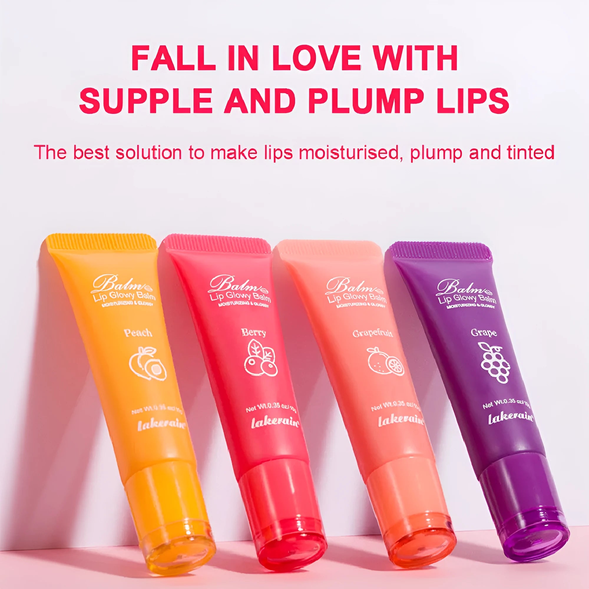Women's lip gloss in berry, grape, grapefruit, and yellow peach flavour options.