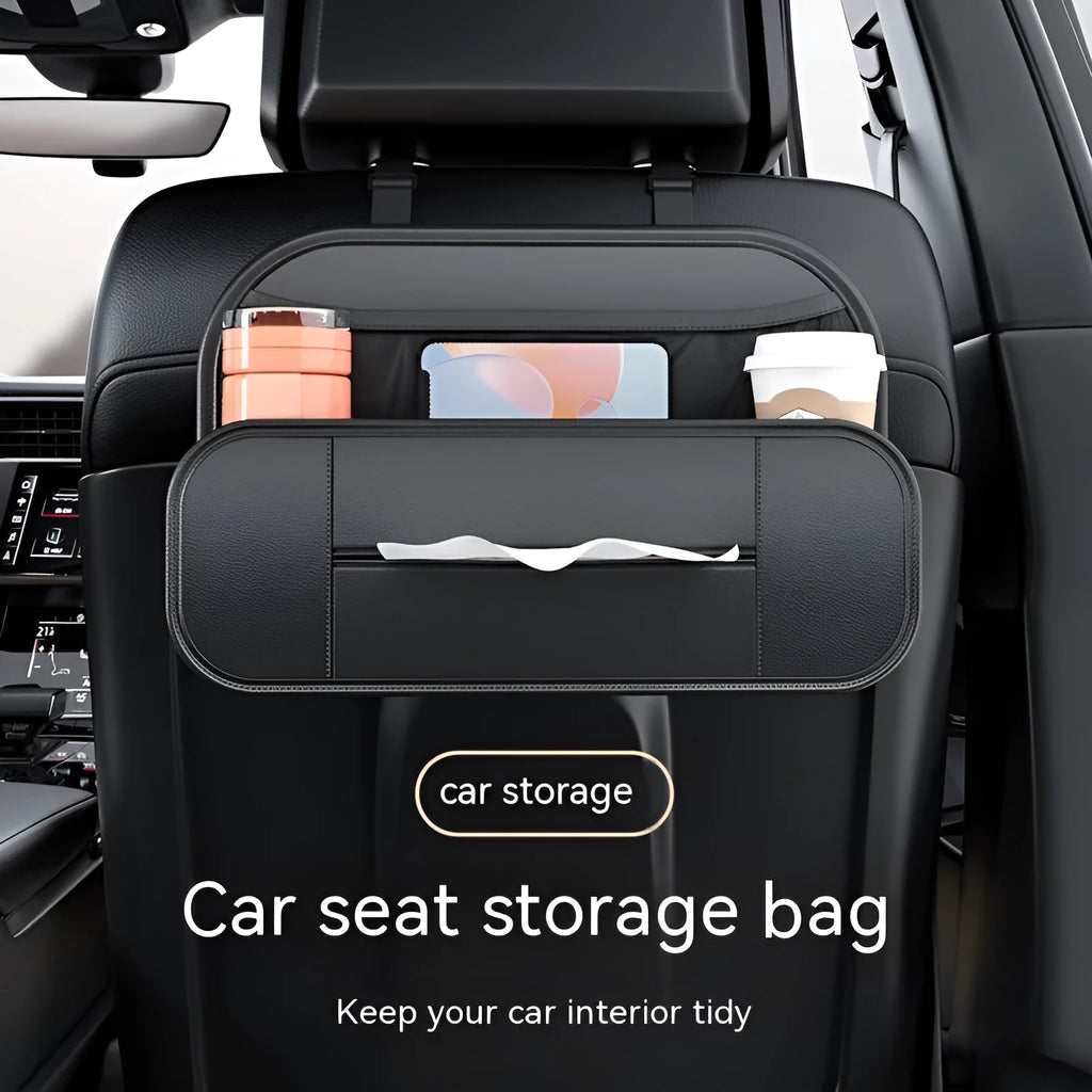 Black leather car seat rear storage bag showing its storage box design and dimensions.
