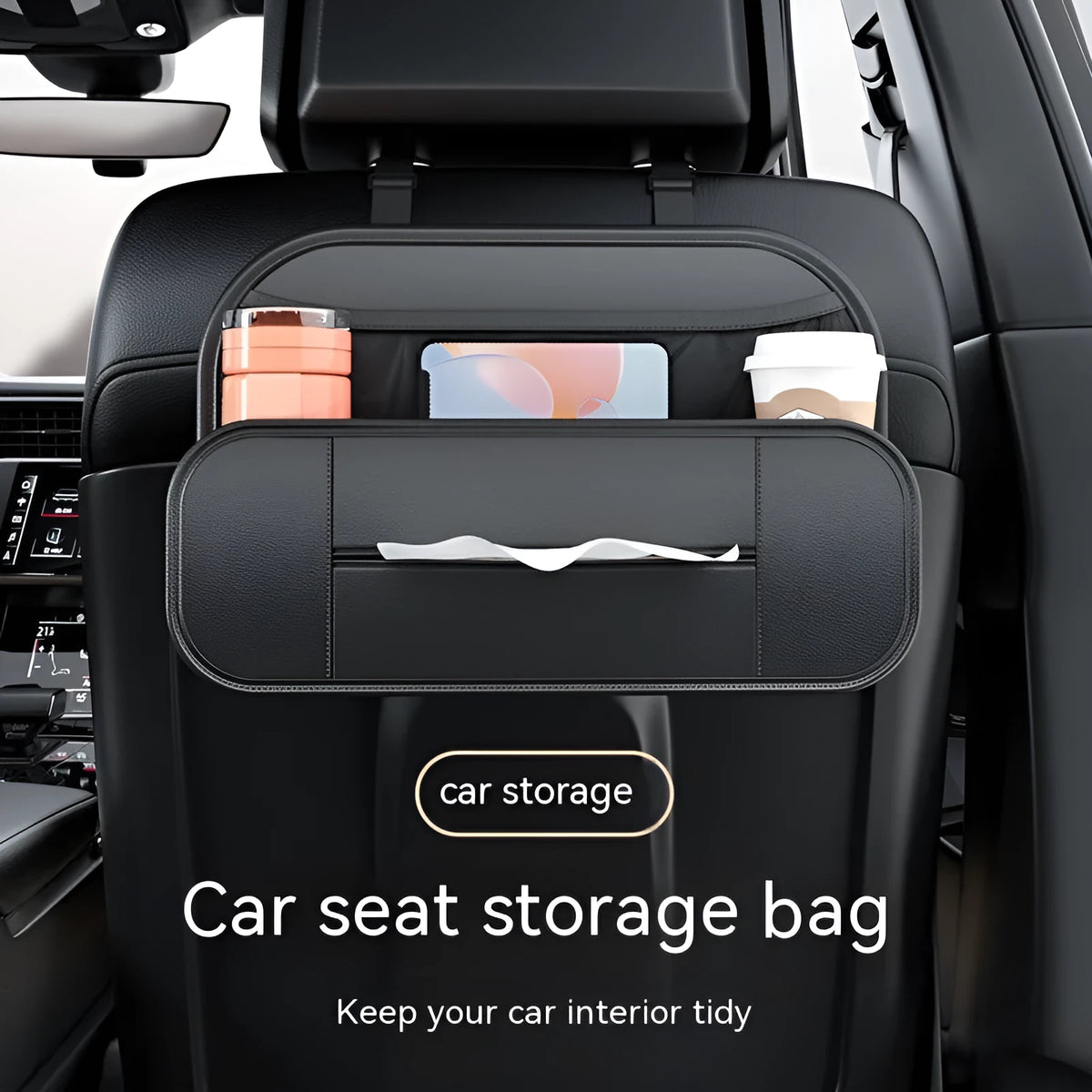 Black leather car seat rear storage bag showing its storage box design and dimensions.