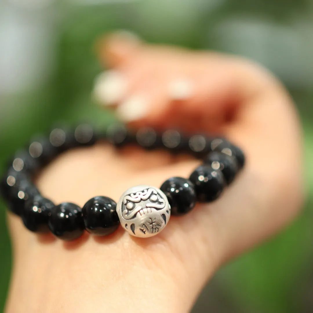 Black agate bracelet with 10mm beads and sterling silver Chinese style design