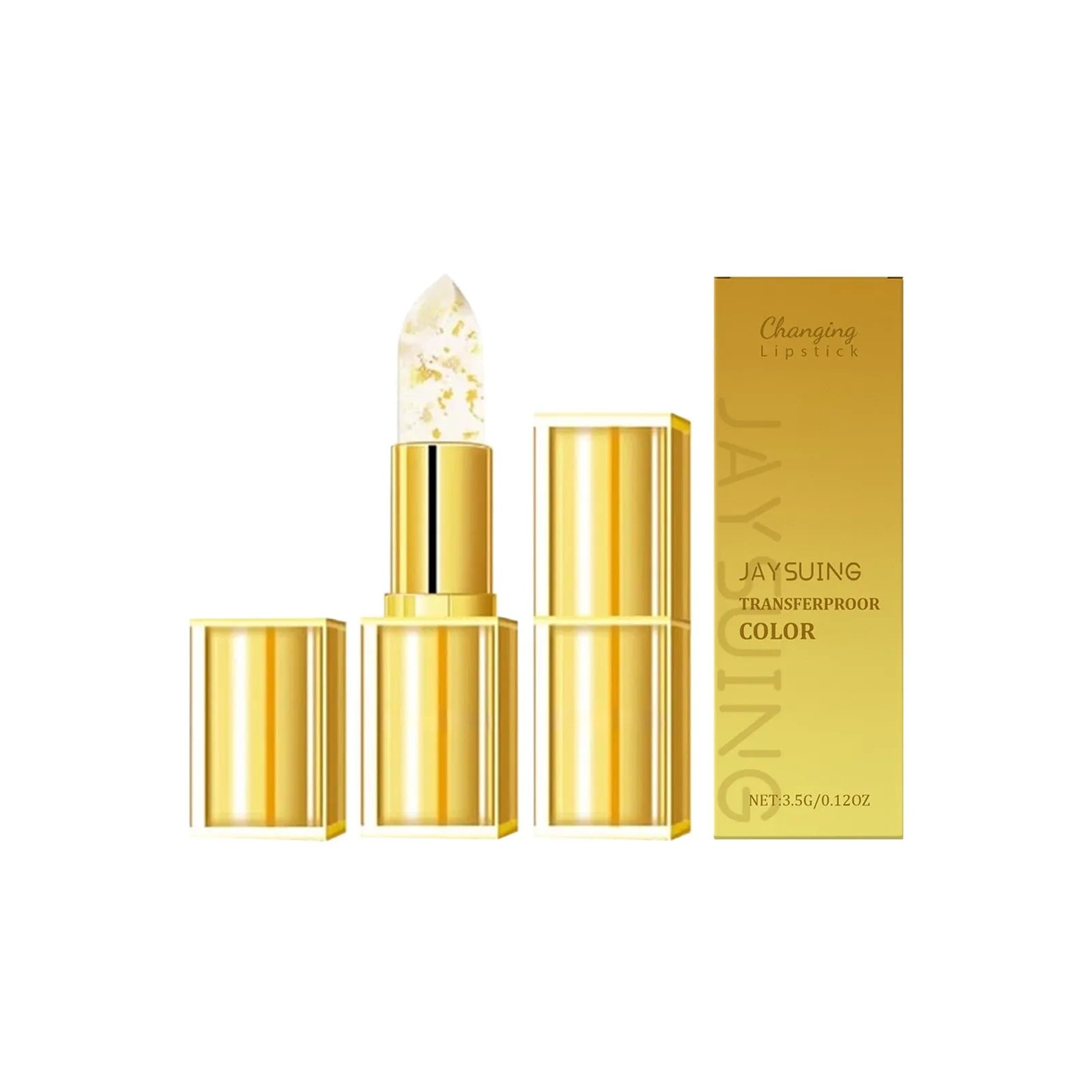 Gold packaging of 3.5g nourishing lipstick with hyaluronic acid and vitamin E