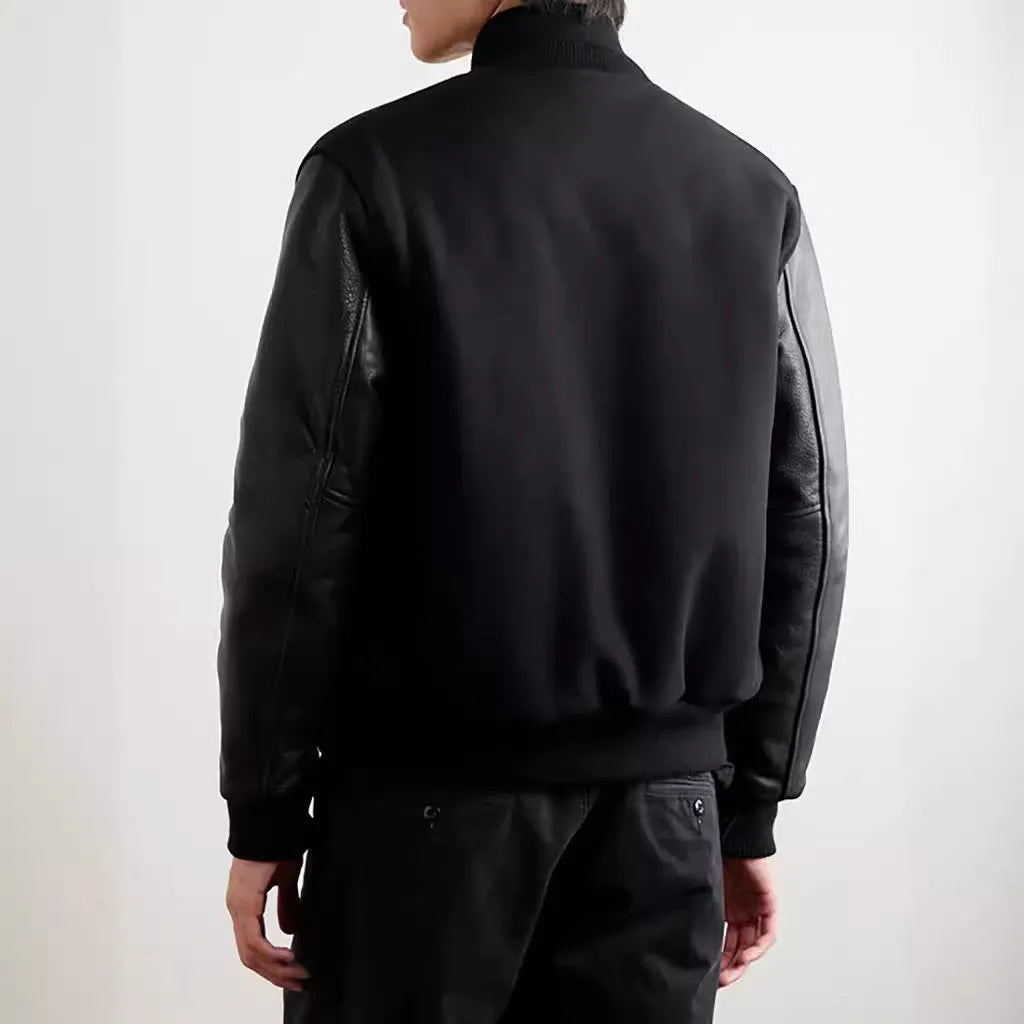 Men's PU leather sleeve spliced flight jacket in black with colour block pattern and side seam pockets