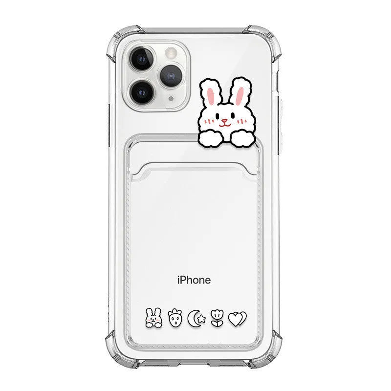 Transparent TPU phone case with cartoon paint design and card holder slot fitted on Apple iPhone