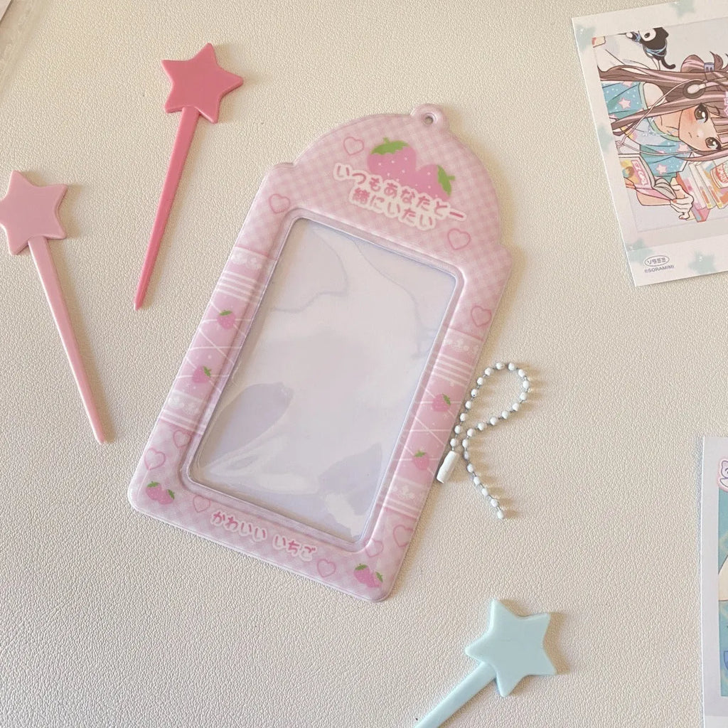 Cartoon PVC card holder with strawberry or four-leaf clover design for meal cards and ID badges