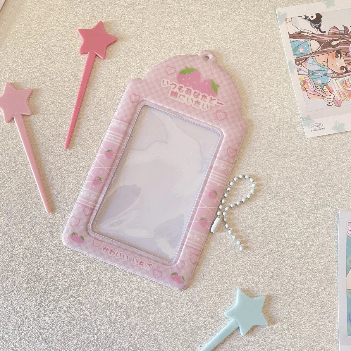 Cartoon PVC card holder with strawberry or four-leaf clover design for meal cards and ID badges