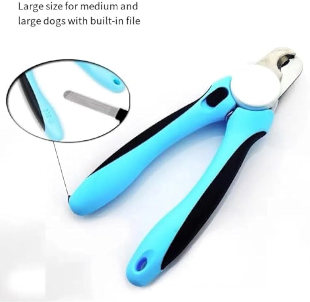 Blue heavy-duty dog nail clippers with a visible safety guard, shown next to a dog's paw.
