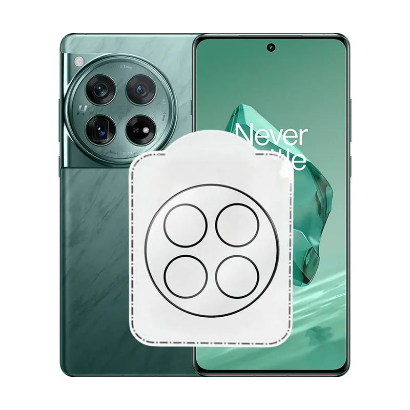 Large Arc HD Tempered Glass Lens Protector with black ring for OnePlus 12, Find N3, and OnePlus 11 phones.