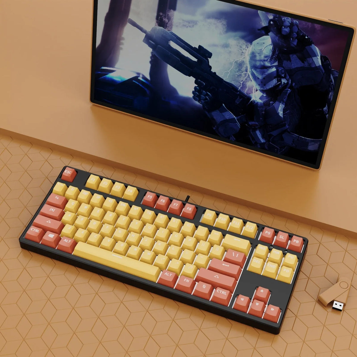 87-key mechanical keyboard with colourful keys on black or white metal chassis