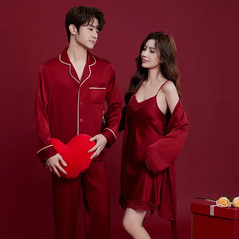 Red ice silk wedding dowry sleepwear set for couples with long sleeves and trousers