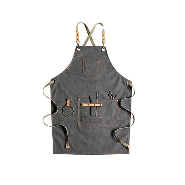 Han style canvas apron with cross-back straps in solid camel colour for cafe baking work