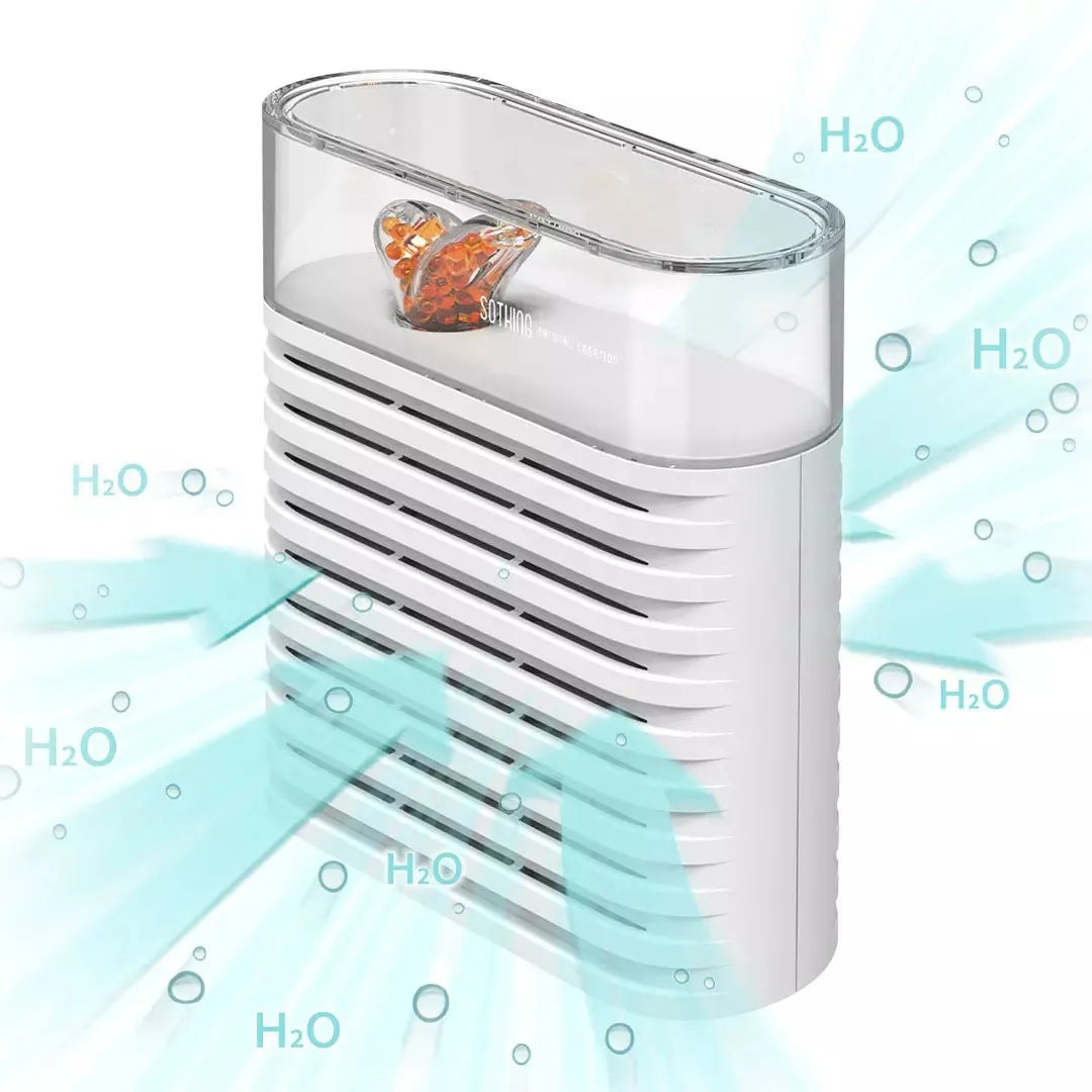 White recyclable dehumidifier box for cabinets with transparent lid showing colour-changing crystals and compact size.